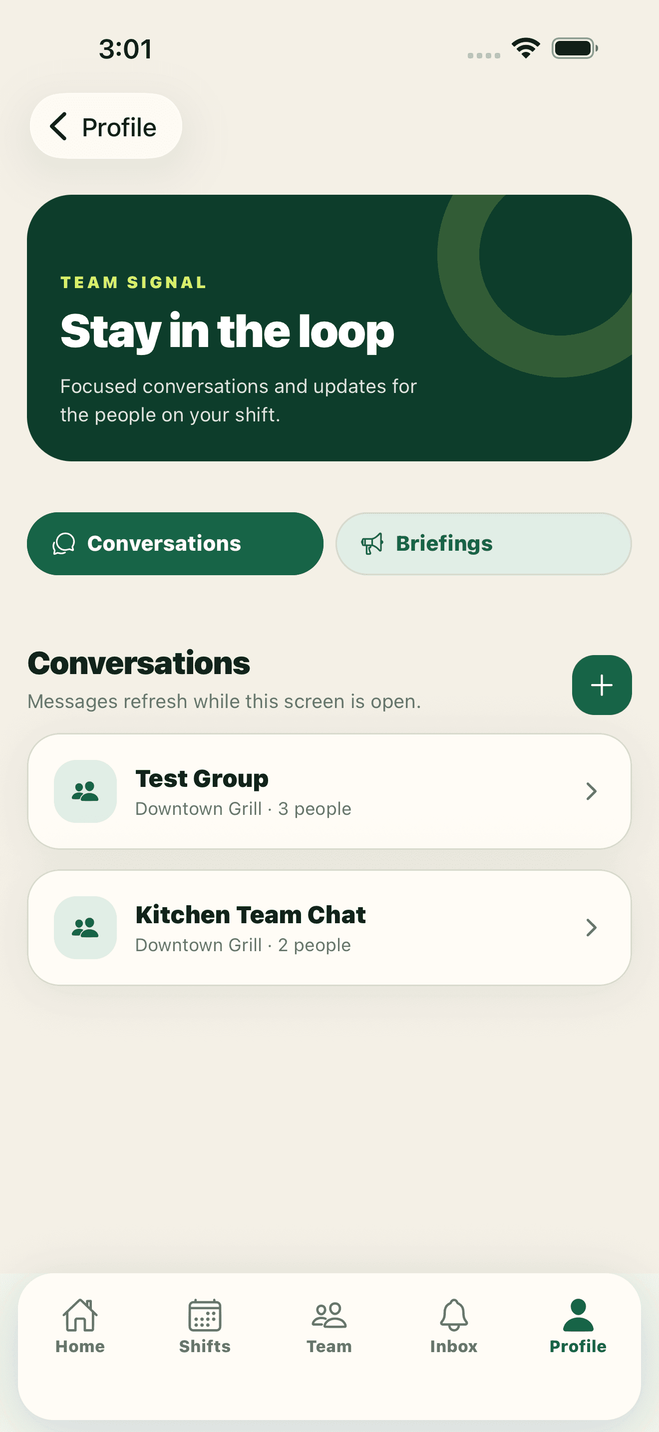 ShiftChef communications screen separating conversations from formal briefings.