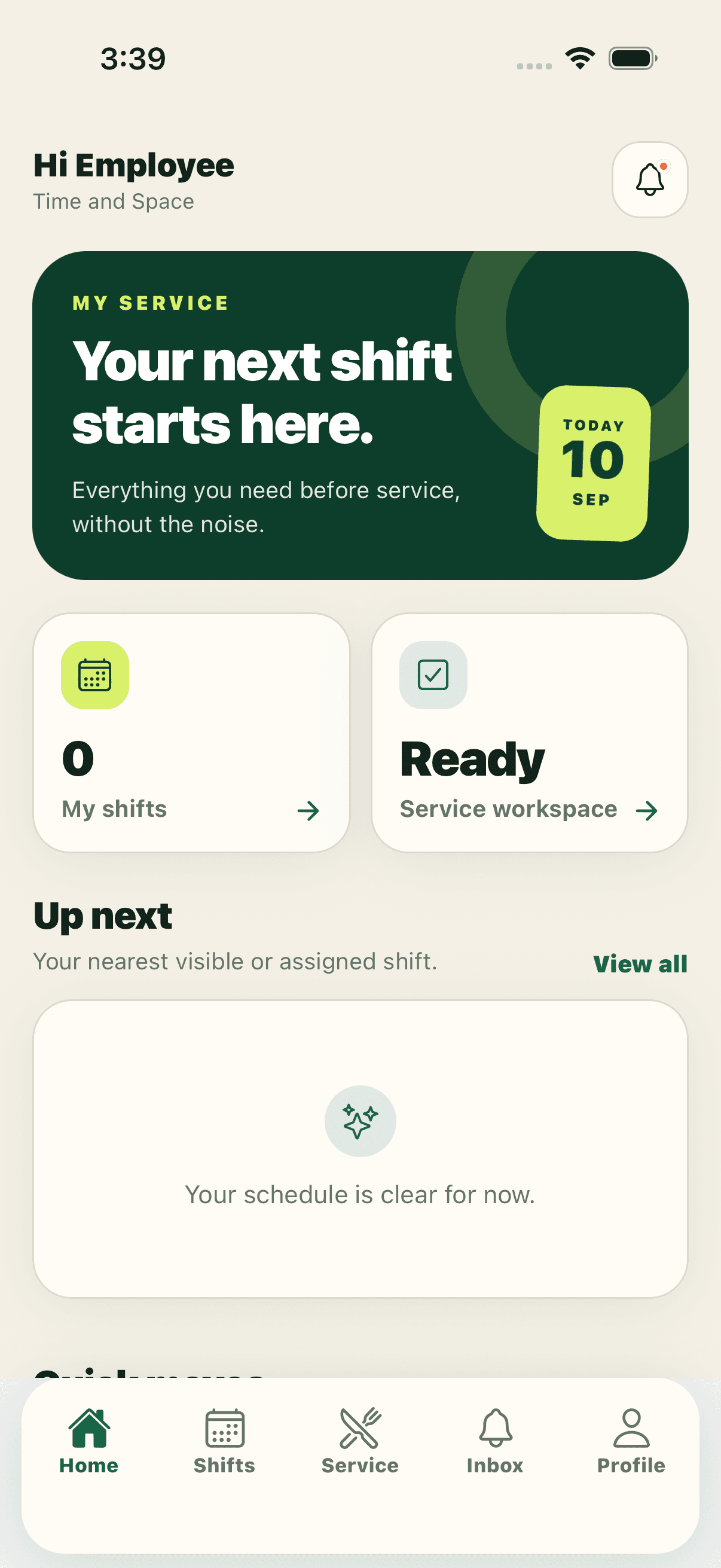 ShiftChef team member home showing the next service and personal schedule actions.