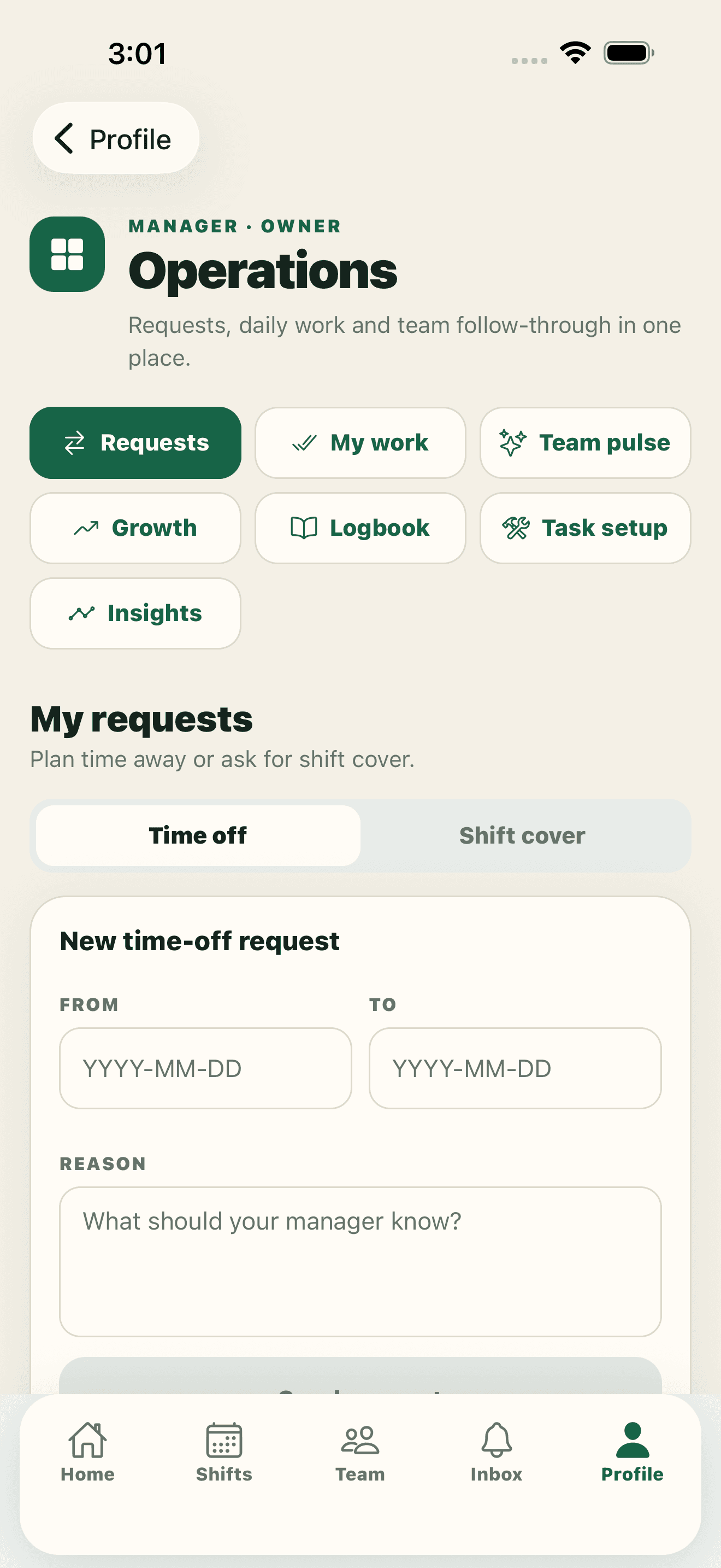 ShiftChef operations screen showing daily tasks, requests, and service tools.
