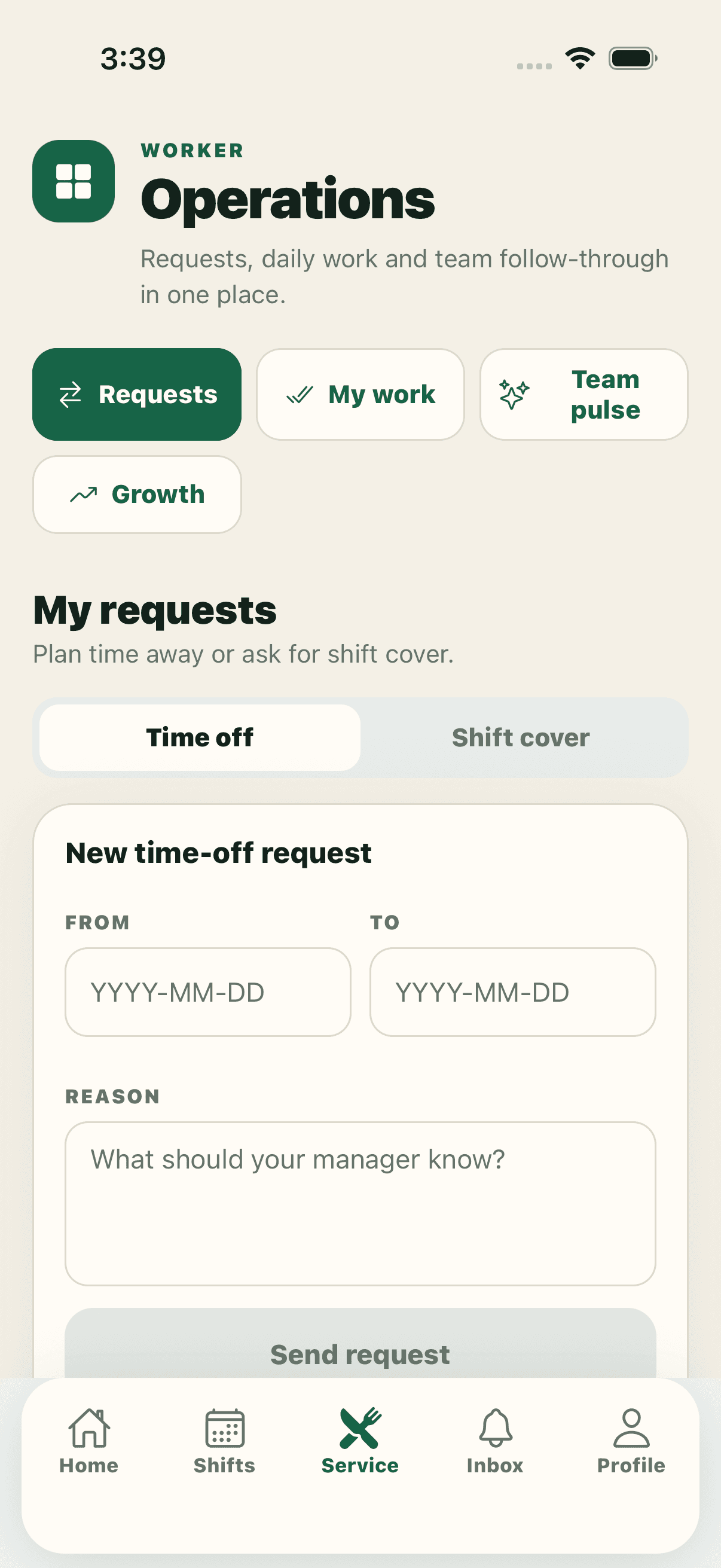 ShiftChef team member service view showing assigned checklists and handover work.